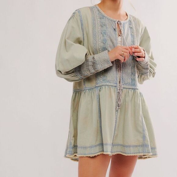 Free People Sweet Summer Bed Jacket Light Chambray Combo - Picture 1 of 7